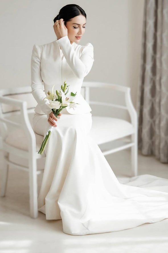 Stand Neck Long Sleeves Wedding Dress Modest Bridal Gown