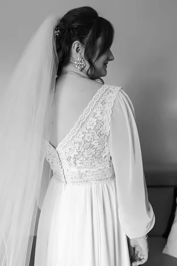 #DZ9324 Long Bishop Sleeves V Neck Floral Lace Bridal Gowns