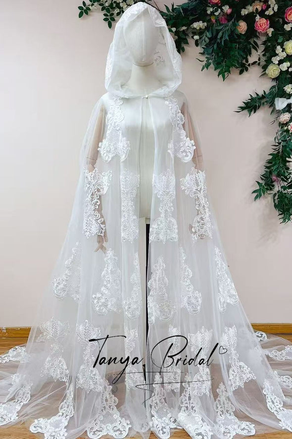 Elegant Lace Wedding Cape With Hood ZJ085 TANYA BRIDAL Elegant Lace Wedding Cape With Hood ZJ085 TANYA BRIDAL