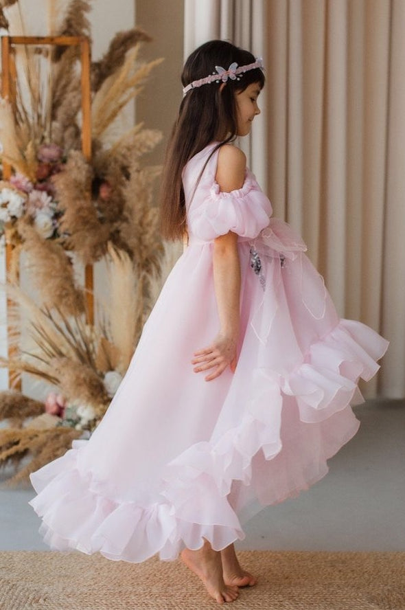 Bohemian A Line Pink Flower Girl Dress Off The Shoulder Party Gown