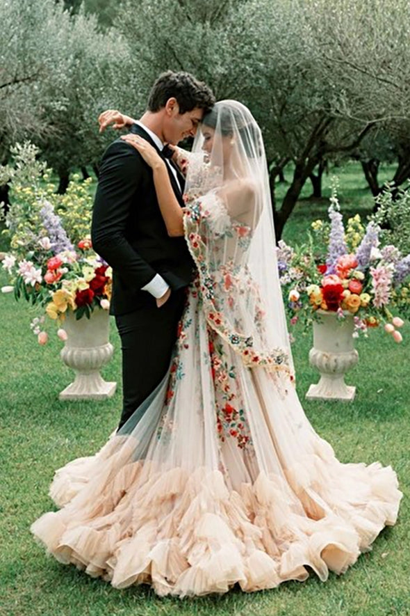 Off The Shoulder Colorful Embrioiderey Puffy Mesh Wedding Dress