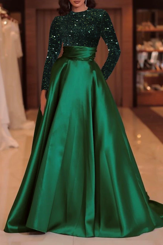 Long Sleeves Sequins A Line Satin Green Prom Gown