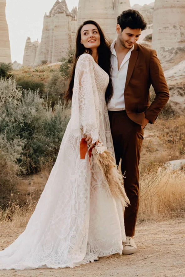 Flare Sleeve Champagne Lining Elopement Romantic Bohemian Wedding Dresses DW484
