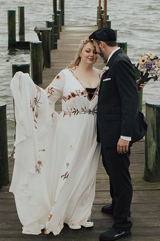 Big Size Long Flutter Sleeve Embroidered Flowers Bridal Gown