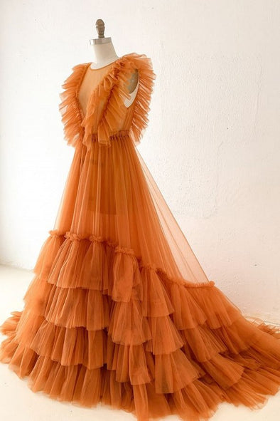 Ruffles Tulle Long Prom Dresses A Line New Style