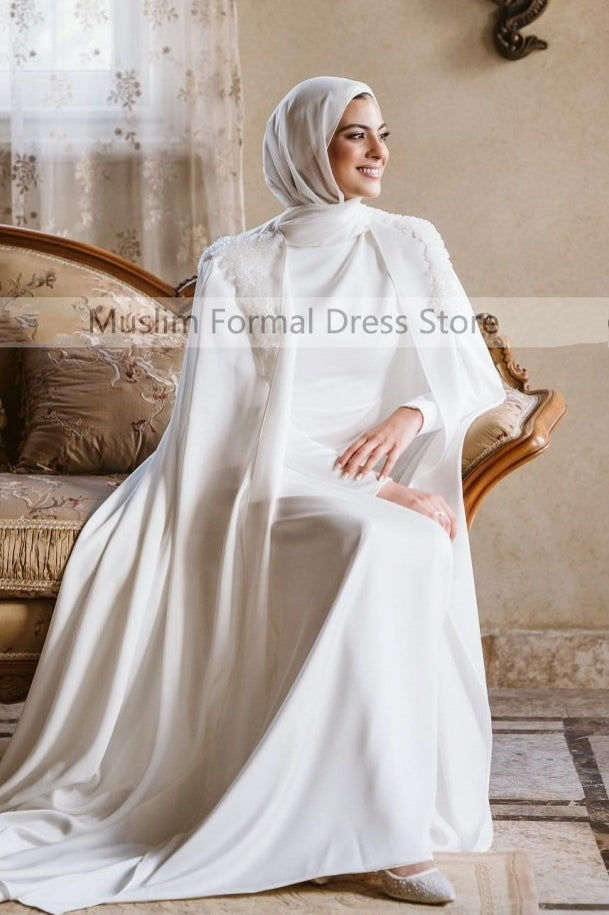 High School Graduation Hijab Satin Hijabi Prom Dresses Luxury Ecru Muslim Long Sleeve Dress 21850E High School Graduation Hijab Satin Hijabi Prom Dresses Luxury Ecru Muslim Long Sleeve Dress 21850E