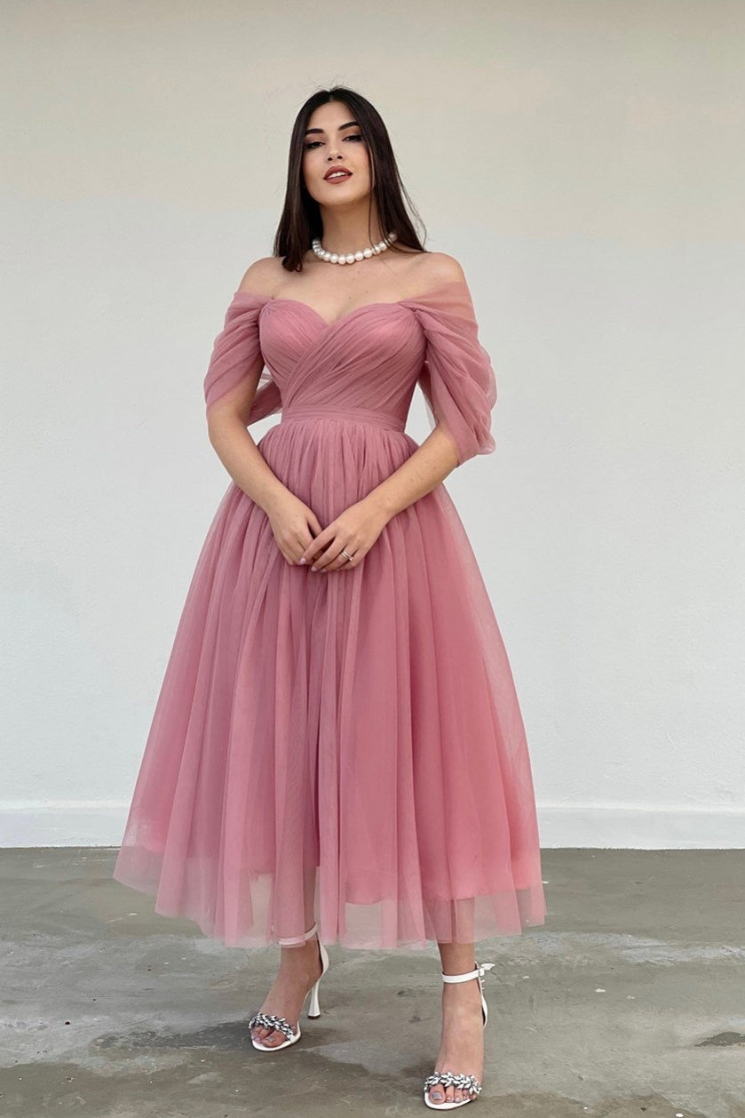 Dusty Pink Off The Shoulder A Line Prom Dresses TANYA BRIDAL Dusty Pink Off The Shoulder A Line Prom Dresses TANYA BRIDAL