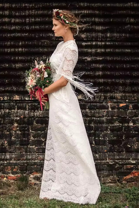 #DZ9330 Boho Tassels Round Neck Maxi Wedding Dress