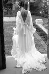 V Neck Long Puff Sleeves Chiffon Boho Wedding Dress