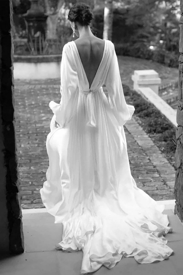chiffon boho wedding dress Rustic Forest Wedding Dress Flowy A Line Chiffon Gown Long Sleeve Boho Bridal Dress Beach Elopement Dress V Neck Lace Backless