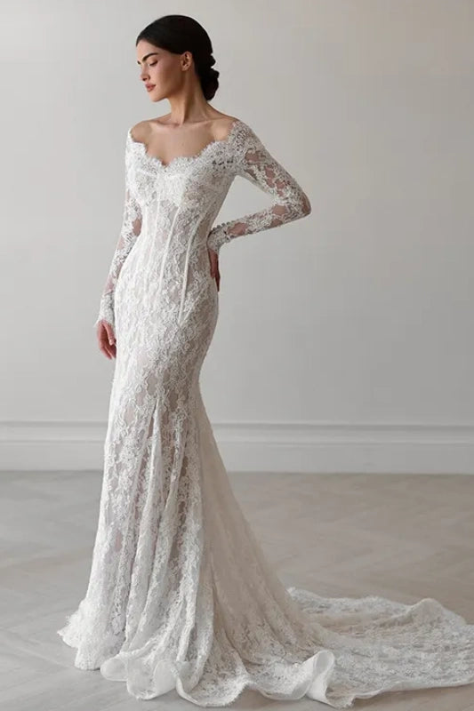 #DZ9366 Elegant Mermaid Wedding Dresses Off The Shoulder Long Sleeve