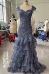 #LY9201 High Split Lace Cap Sleeves Long Evening Prom Dress