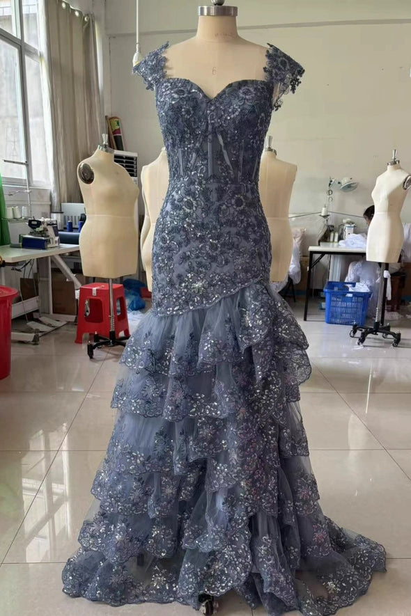 #LY9201 High Split Lace Cap Sleeves Long Evening Prom Dress