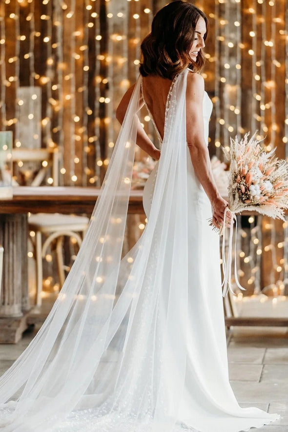 Trumpet V-neck Sleeveless Wedding Dress V Back Long Train