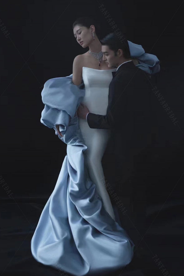 Light Blue Satin Long Cape With Puff Sleeve