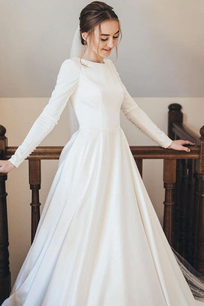 A Line Satin Modest Wedding Dress With Sleeves – TANYA BRIDAL