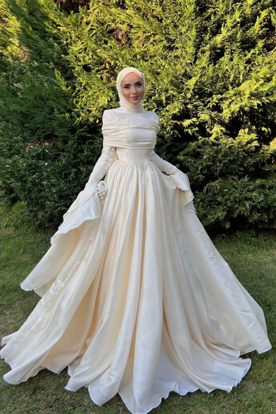 #DZ9445  Taffeta Muslim Wedding Dress Long Sleeves