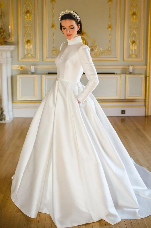 Elegant Modest Thick Satin Muslim Wedding Dress Full Sleeves