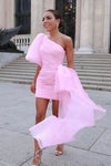 Pink One Shoulder Prom Dresses Short Puff Sleeves