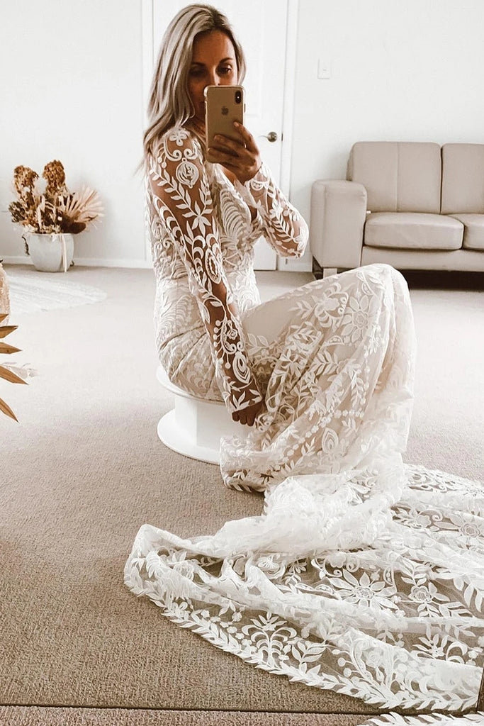 Boho Lace Wedding Dress With Removable Long Sleeves – TANYA