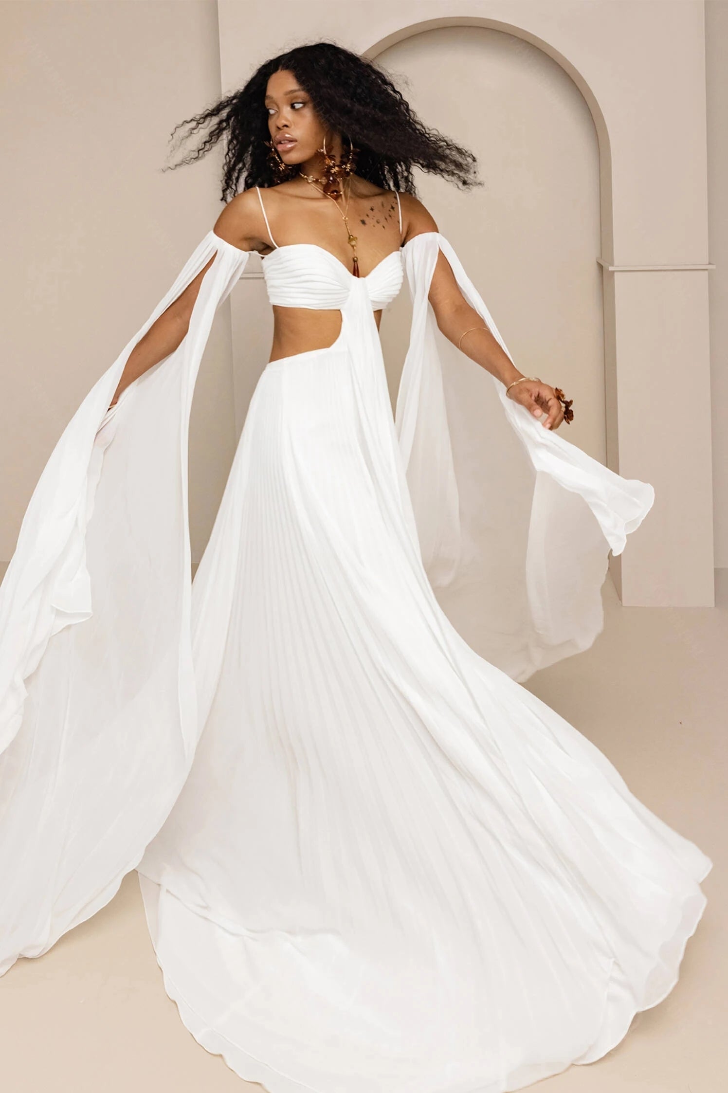 pleated chiffon wedding dress Straps Plunging Pleated Chiffon Long Train Wedding Dress Light Ivory / No / Court Train