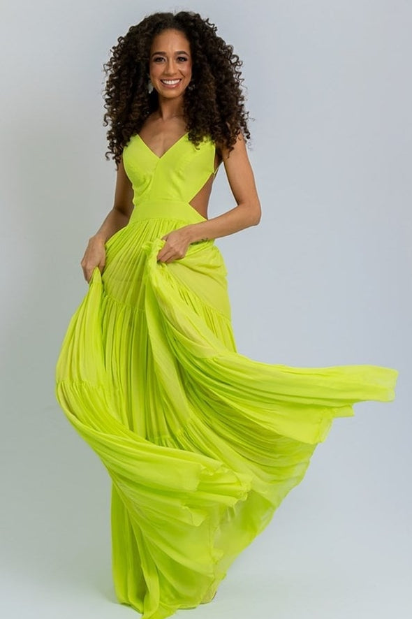 A Line V Neck Spaghetti Strap Fluo Green Chiffon Prom Dress Cross Back