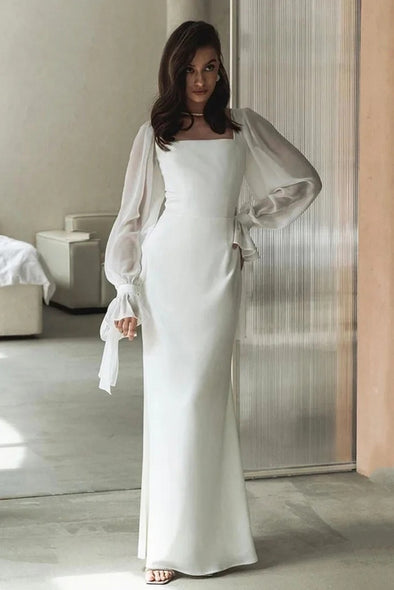 Simple Wedding Dresses Square Neck Puff Sleeves