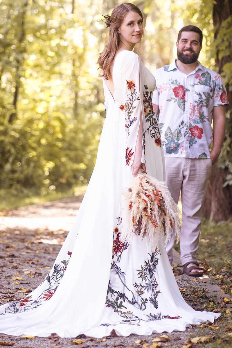 Long Flare Split Sleeve Boho Colorful Embroidery Wedding Dress – TANYA BRIDAL