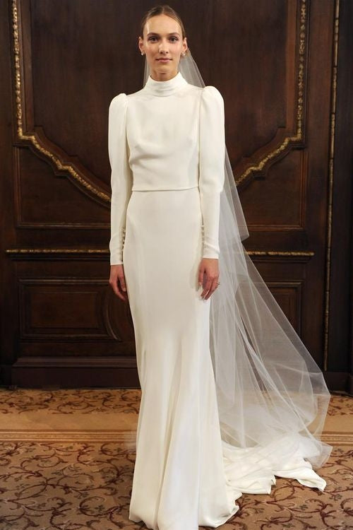 Modest Long Simple Wedding Dress High Neck Full Sleeves