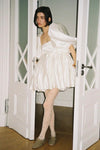 Short Simple Satin Wedding Dress With Puffy Sleeves