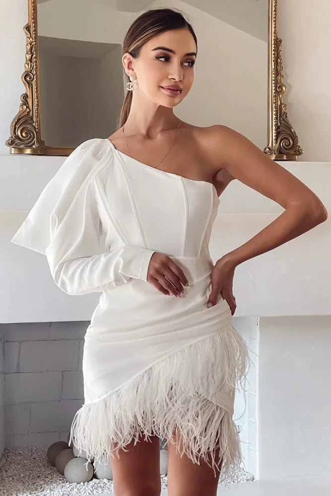 One Shoulder New Fashion Feather Straight Cocktail Party Dress TANYA BRIDAL One Shoulder New Fashion Feather Straight Cocktail Party Dress TANYA BRIDAL