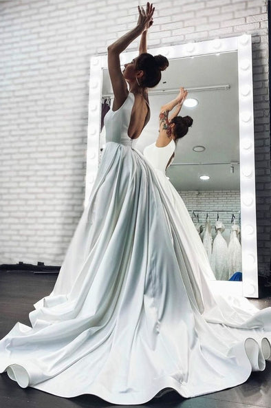 Exquisite A-Line Square Neck Satin Wedding Dresses with Belt