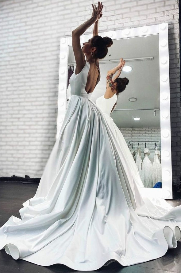 Exquisite A-Line Square Neck Satin Wedding Dresses with Belt