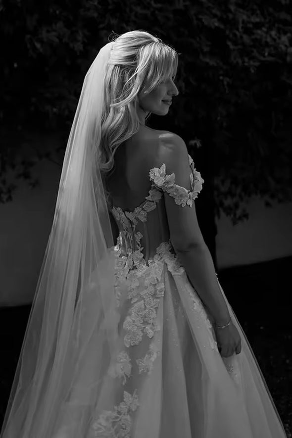 #DZ9328 Off Shoulder Shimmer Tulle Wedding Dress