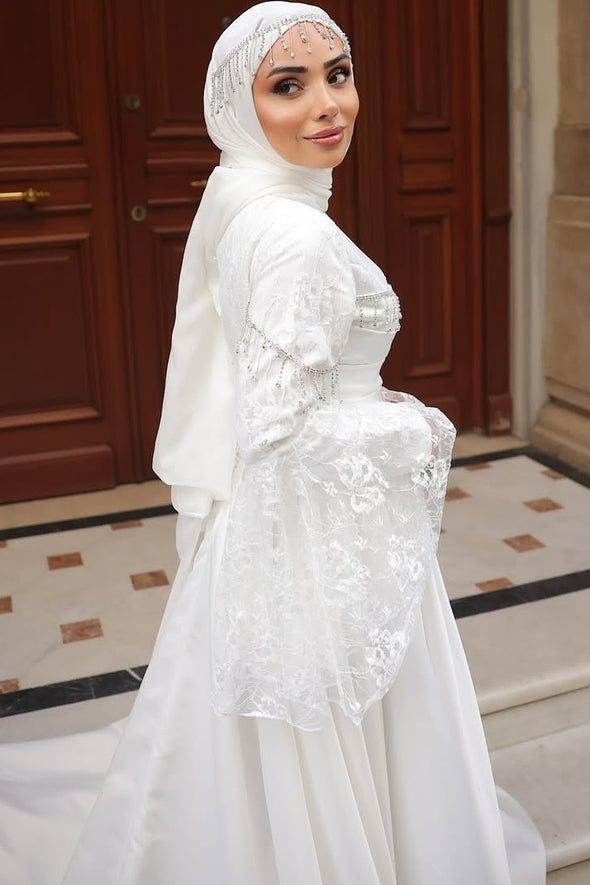 #DZ9442 Muslim Wedding Dress Long Flare Sleeves