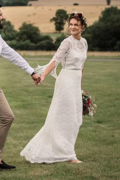 #DZ9330 Boho Tassels Round Neck Maxi Wedding Dress