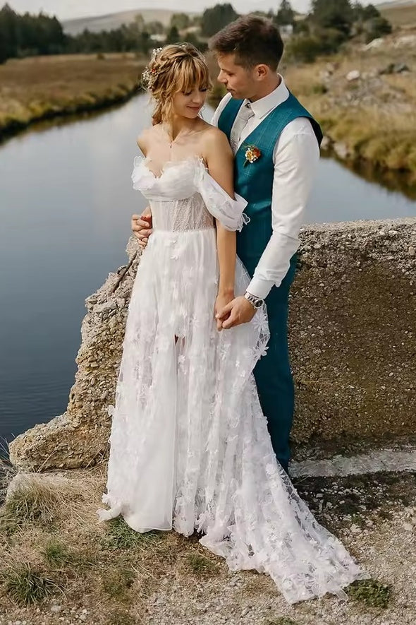 #DZ9336 Off Shoulder 3D Flowers Princess Wedding Dress High Slit