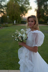 #DZ9357 A Line Short Sleeves Organza Side Split Wedding Dress