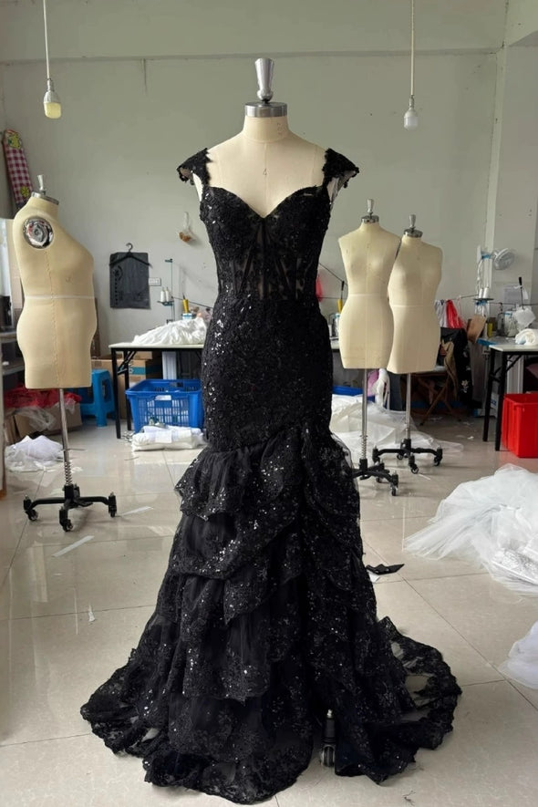 #LY9201 High Split Lace Cap Sleeves Long Evening Prom Dress