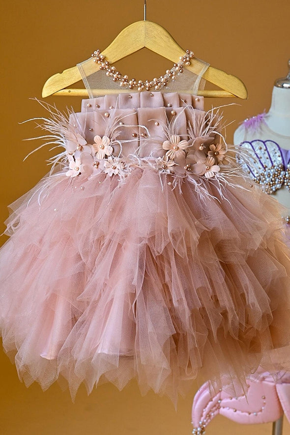 Pink Tulle Flower Girl Dress With Feathers