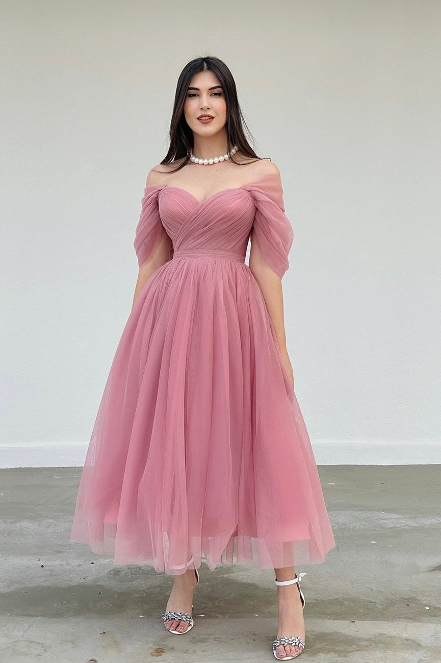 Dusty Pink Off The Shoulder A Line Prom Dresses TANYA BRIDAL Dusty Pink Off The Shoulder A Line Prom Dresses TANYA BRIDAL