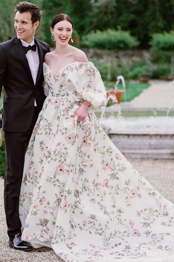 Floral Pattern Long Wedding Dress Off The Shoulder With Sleeves – TANYA BRIDAL