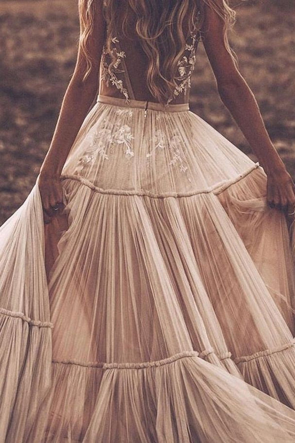 Deep V Sexy Bohemian Long Tulle Nude Wedding Dress