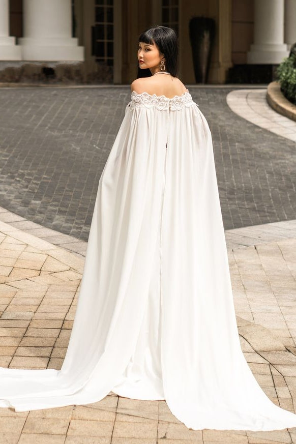 Bohemian Long Chiffon Wedding Cape Off The Shoulder With Lace Appliques