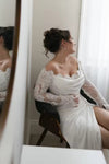 #DZ9339 Drape Long Sleeves Lace Sheath Wedding Dress High Slit