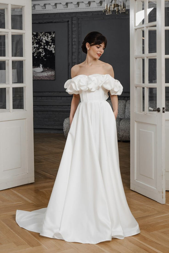 #DZ9346 Off The Shoulder Long A Line Satin Wedding Dress