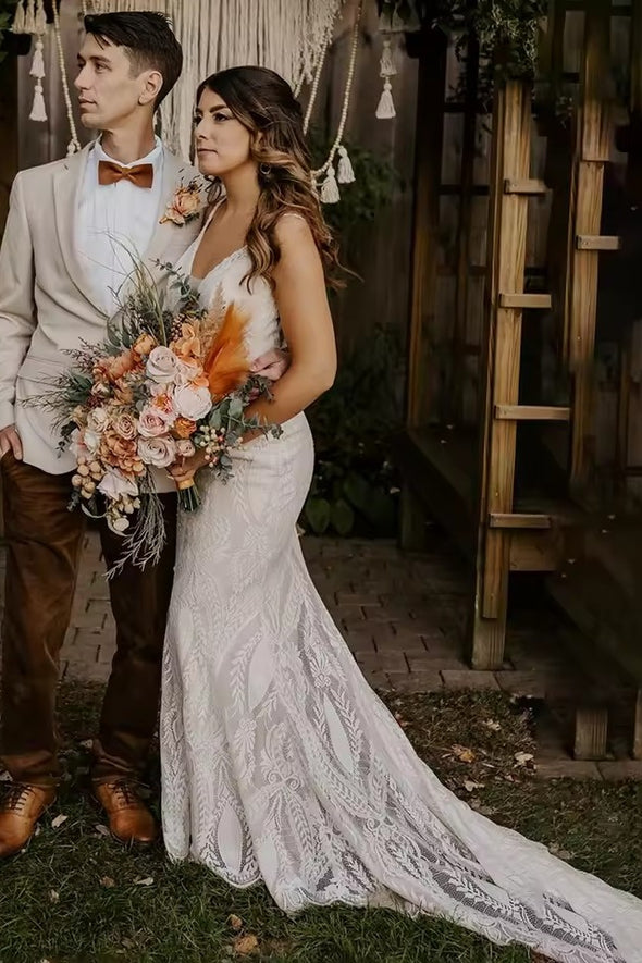 #DZ9338 V Neck Soft Lace Backless Boho Wedding Dress