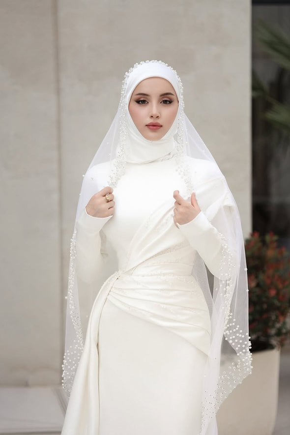 Elegant Long Hijab Wedding Dress With Beads