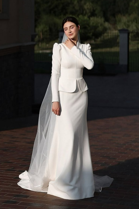Stand Neck Long Sleeves Wedding Dress Modest Bridal Gown