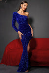 Royal Blue Sequins Long Prom Dress One Shoulder Sleeve 24371156